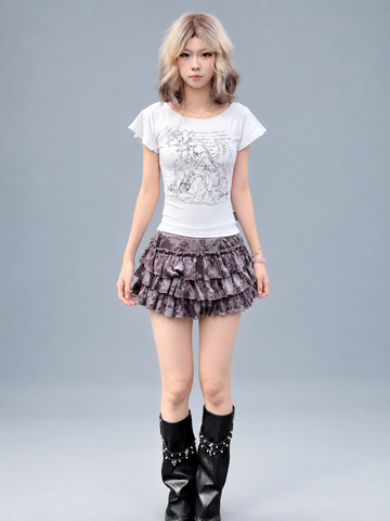 Y2K Angel Graphic Flutter Sleeve Fitted Top