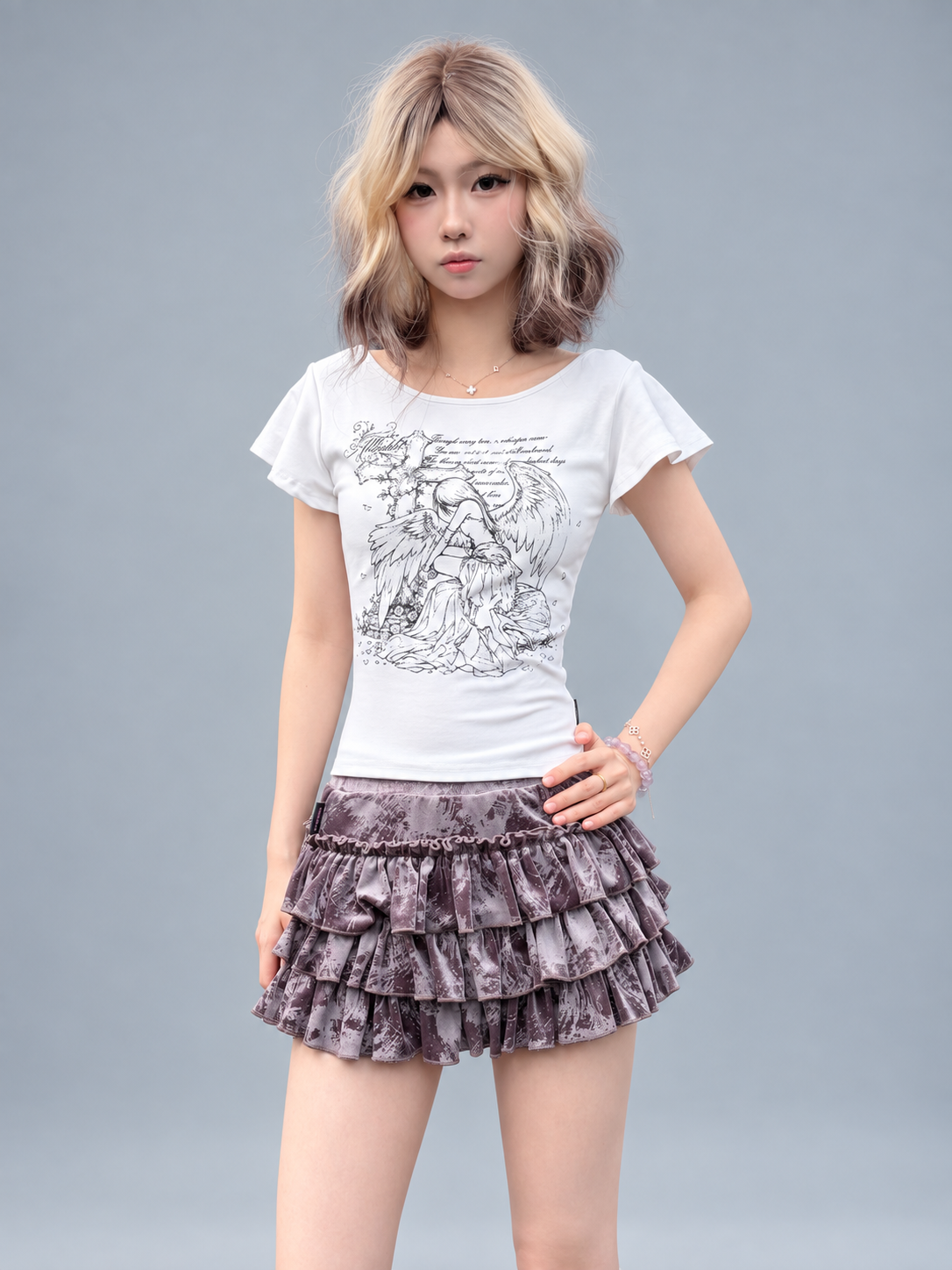 Y2K Angel Graphic Flutter Sleeve Fitted Top