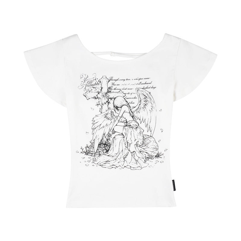 Y2K Angel Graphic Flutter Sleeve Fitted Top
