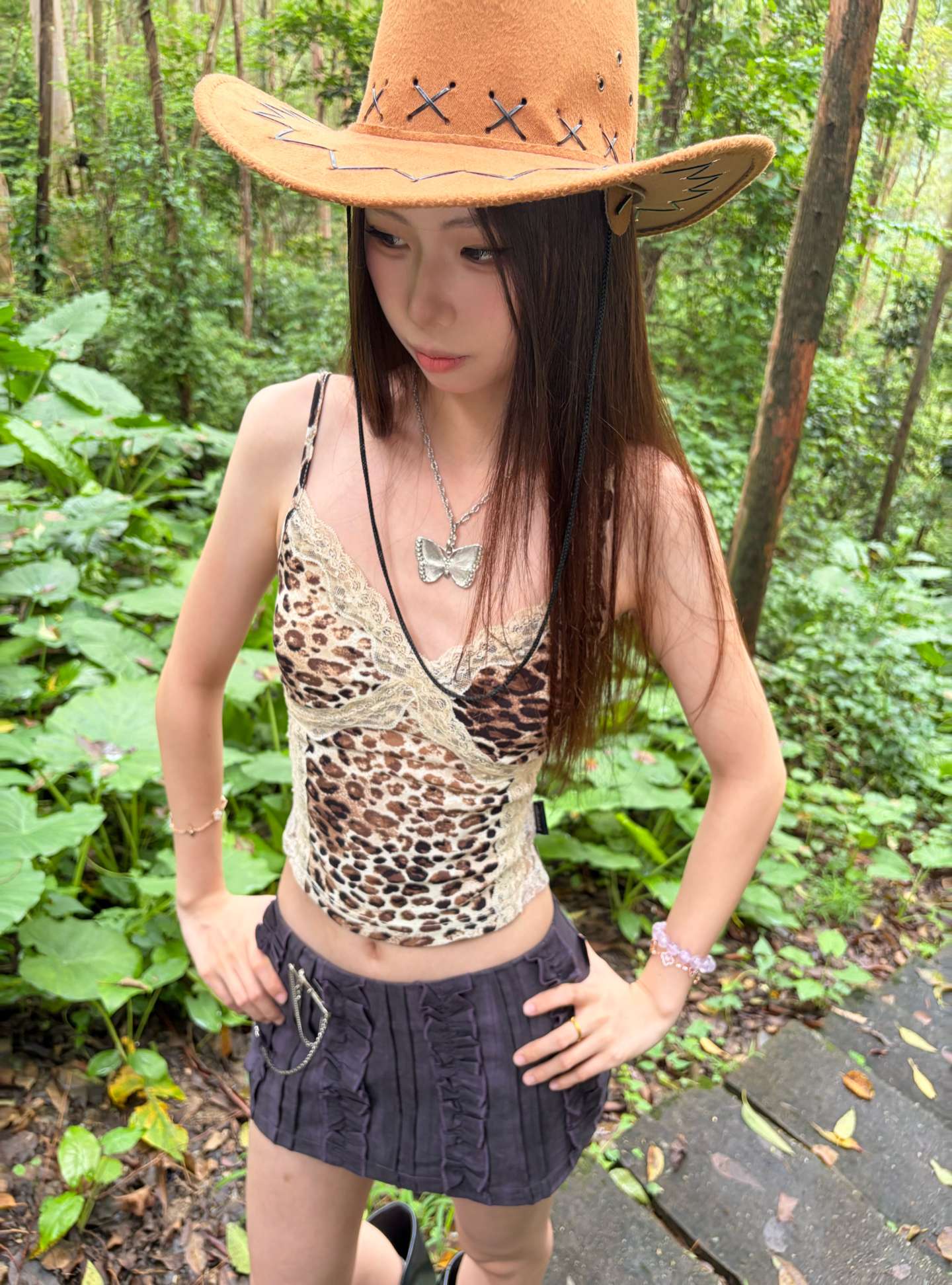 Y2K Brown Leopard Print Crossover Lace Padded Camisole Top
