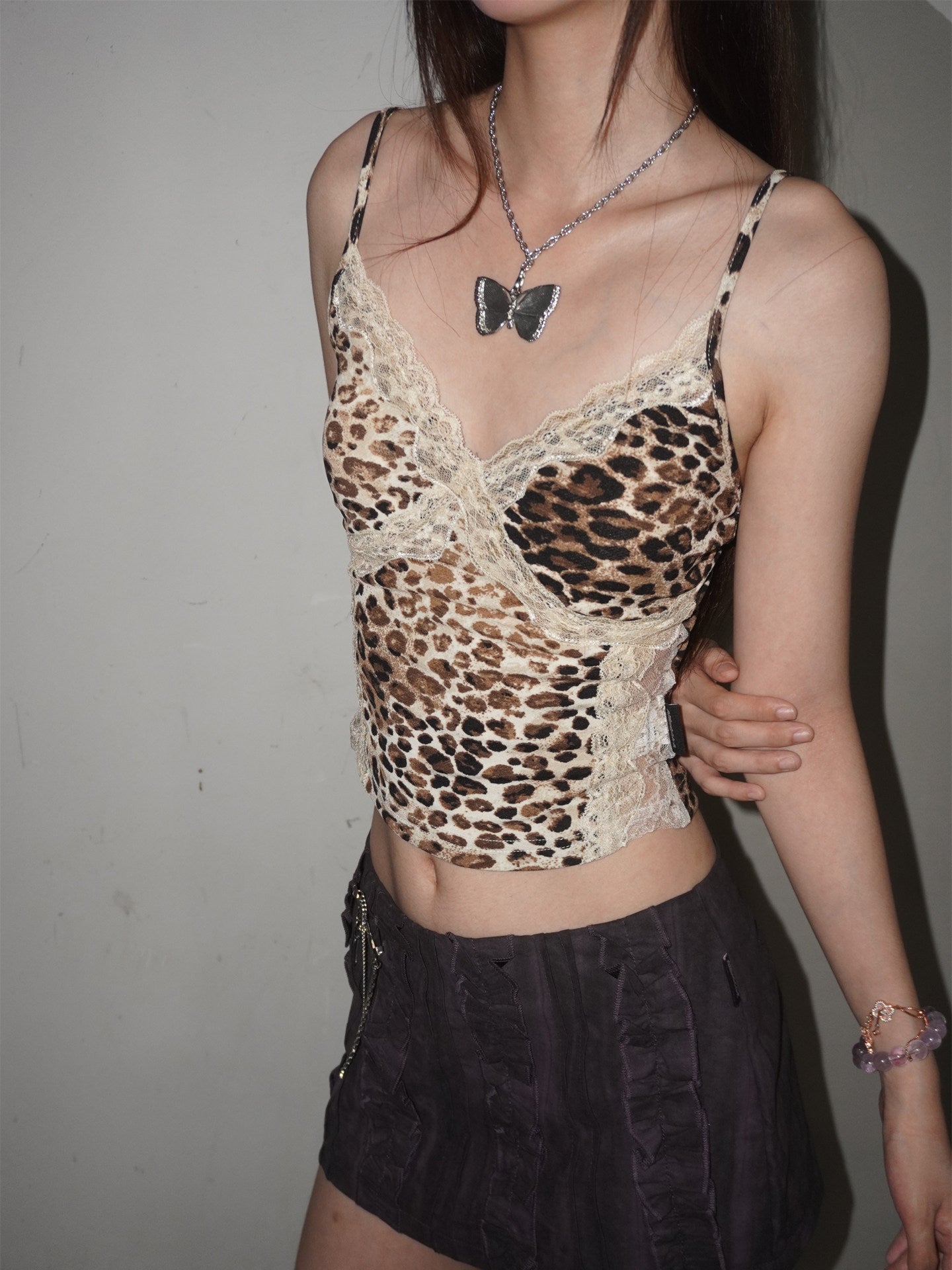 Y2K Brown Leopard Print Crossover Lace Padded Camisole Top