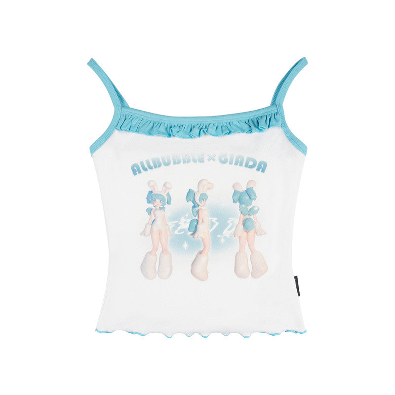 Y2K Cartoon Girl Graphic Ruffle Cami Top