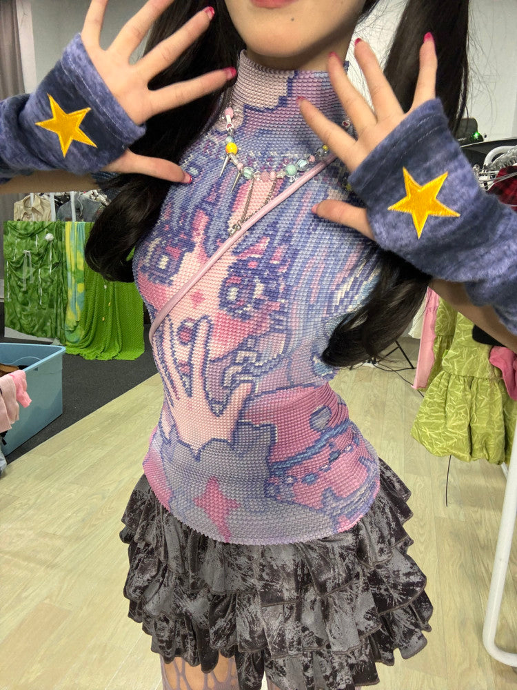 Y2K Gradient Striped Star Embroidered Fuzzy Arm Warmers