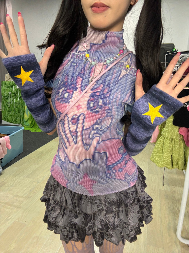 Y2K Gradient Striped Star Embroidered Fuzzy Arm Warmers