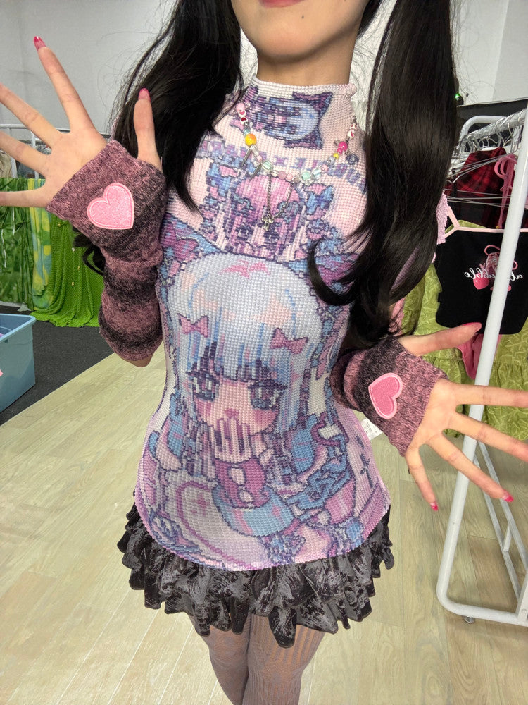 Y2K Gradient Striped Star Embroidered Fuzzy Arm Warmers