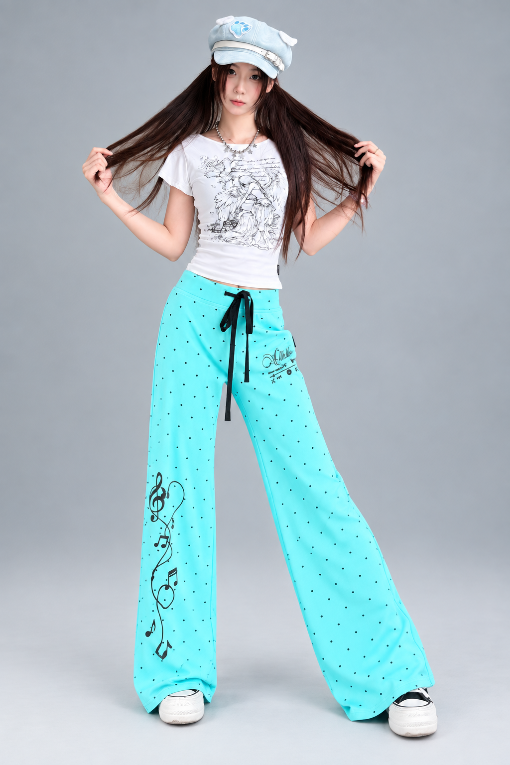 Y2K Music Graphic Polka Dot Flare Sweatpants