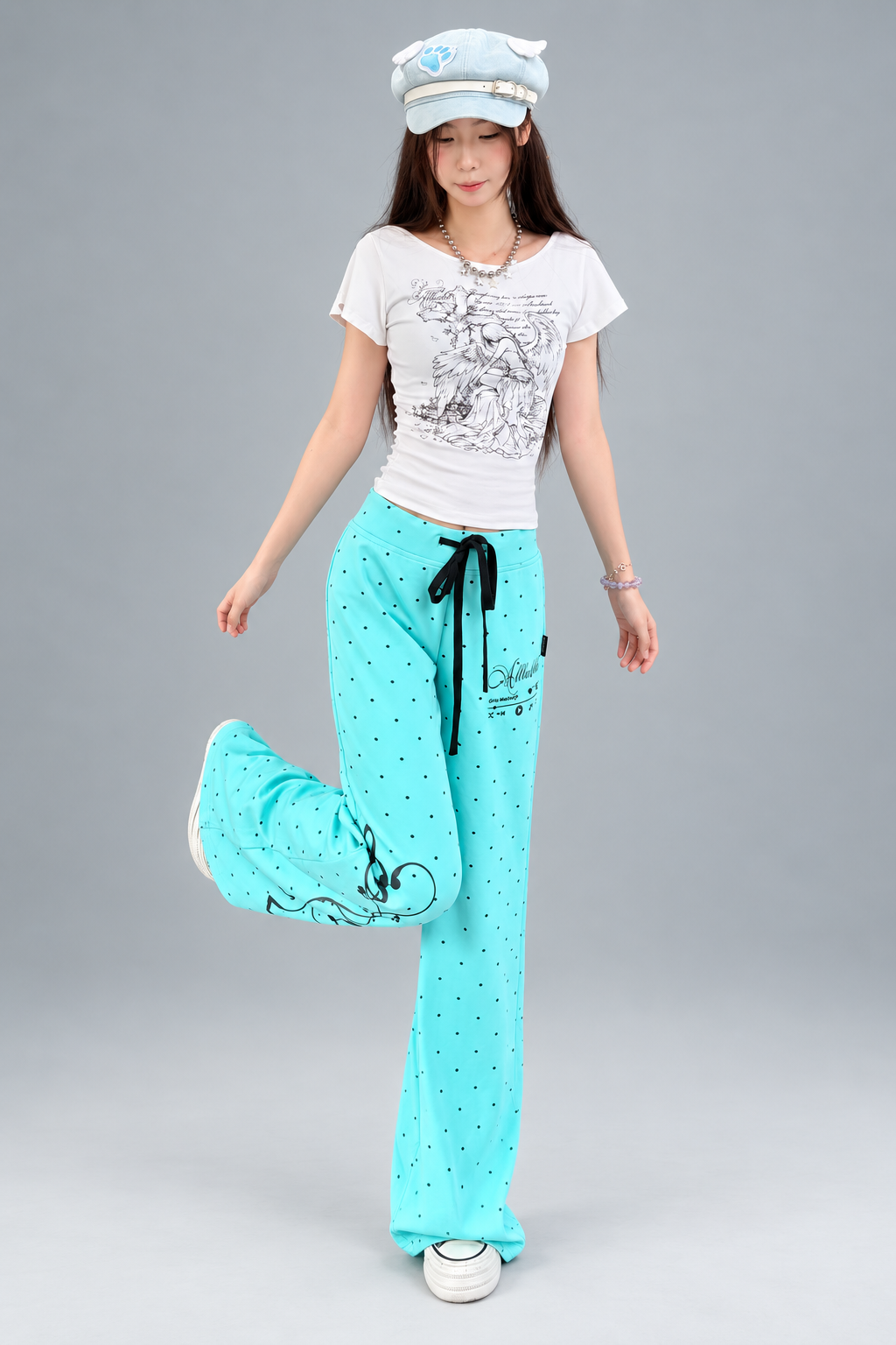 Y2K Music Graphic Polka Dot Flare Sweatpants