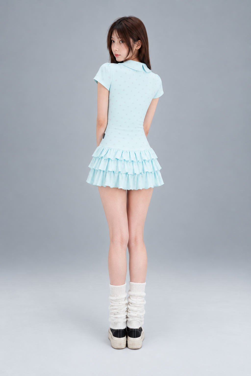 Y2K Star Print Peter Pan Collar Ruffle Top